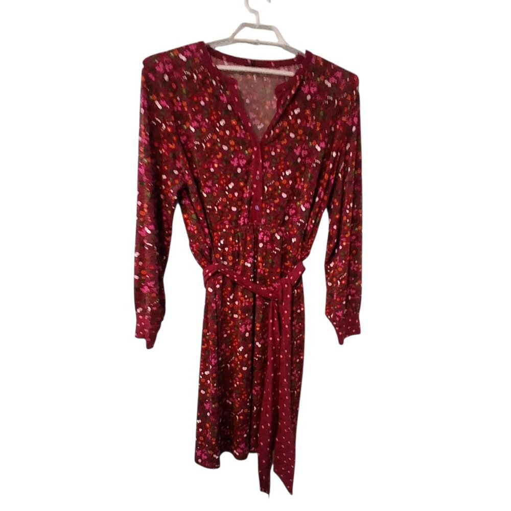 Talbots dress womens XL belted midi burgundy floral Fall stretchy